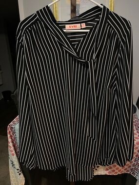EVRI Black and White Striped Tie-Neck Blouse